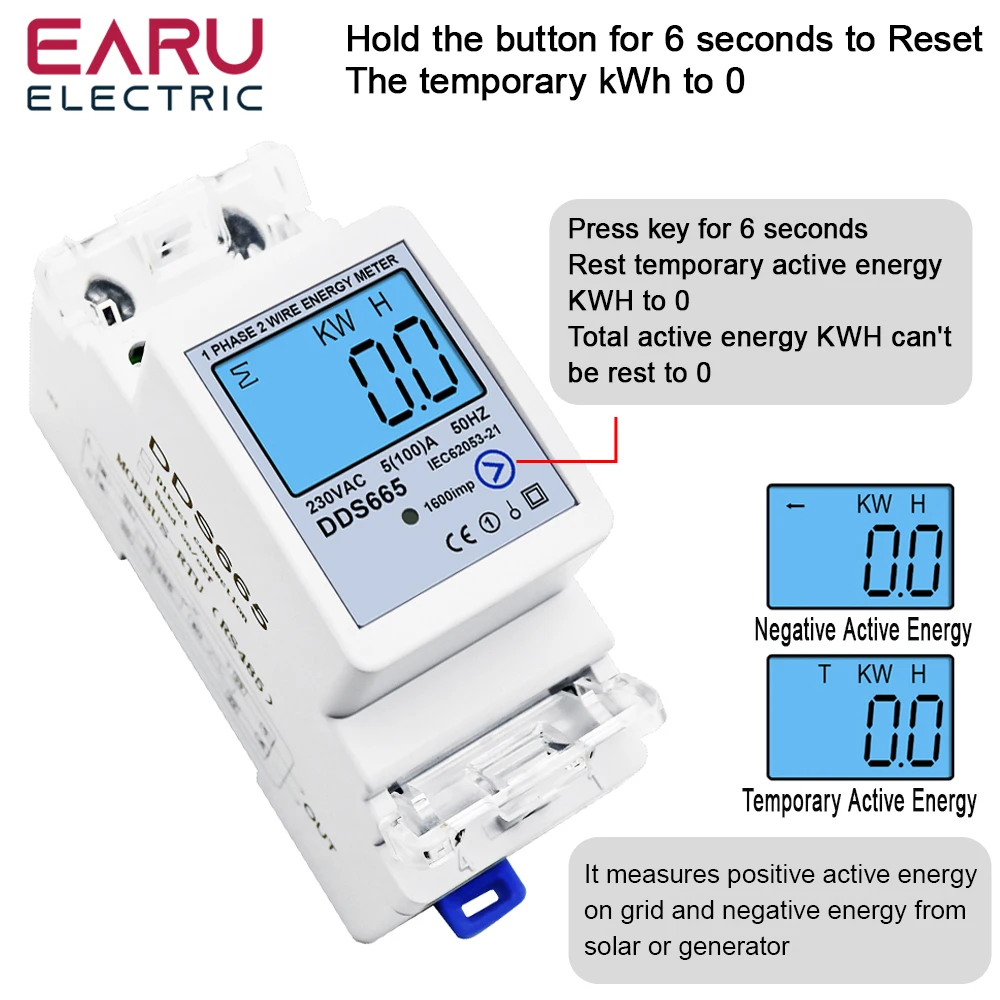 Multifunction 230V 100A Bi-Directional Energy Meter Reset Zero Kwh Solar PV Powe