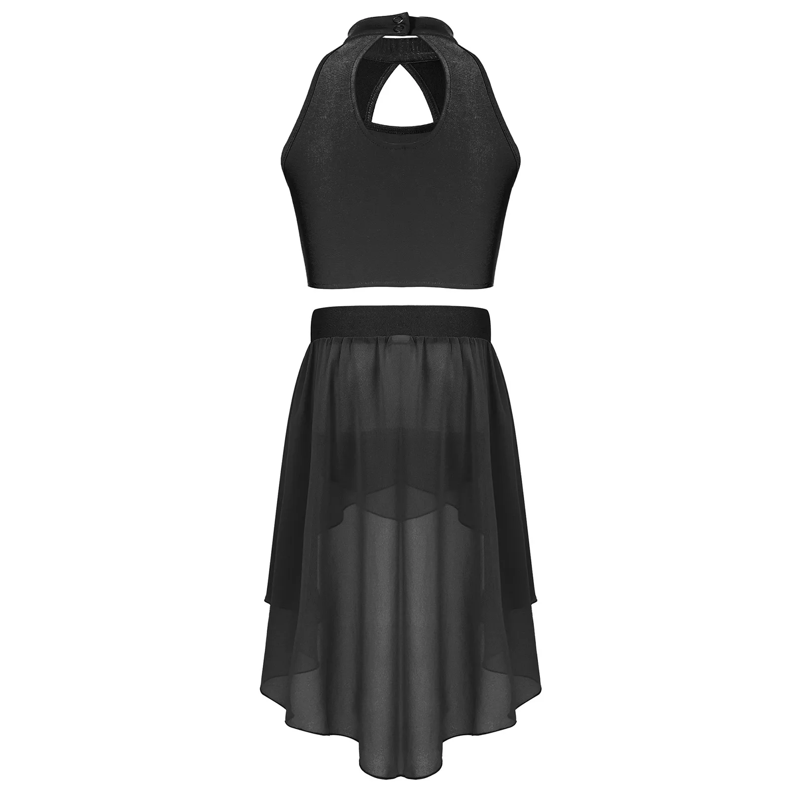Zweiteilige Ballett- und Jazz-Tanz-Performance-Outfits für Mädchen, Pailletten-Crop-Top mit Schlüsselloch-Rücken und unregelmäßigem High-Low-Chiffonrock – Detail 16