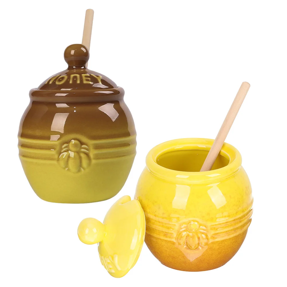 

2 Set of Honey Pot Ceramic Honey Jar with Lid Dipper Stick Honey Jar Container for Home Kitchen