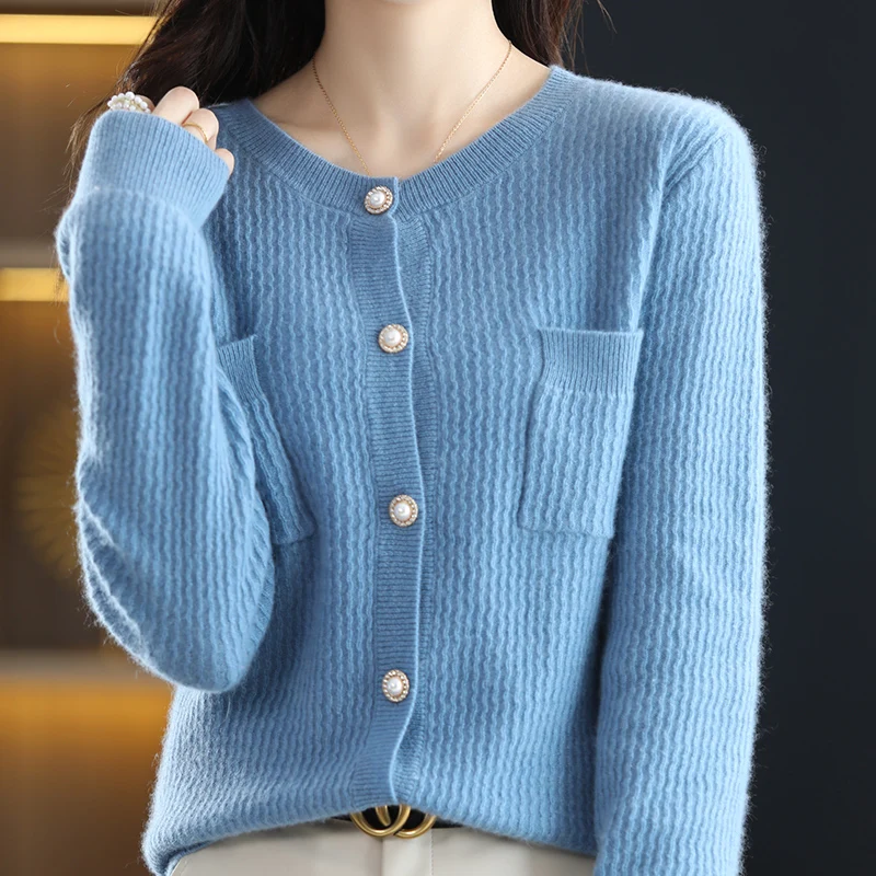 

Long-sleeved women's sweater cashmere knitted 100% pure merino wool O-neck cardigan sweater coat in autumn and winter.