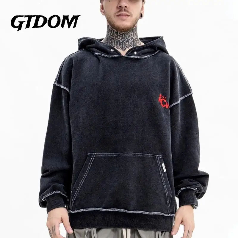 

Men Geometric Cut Letter Embroidery Washed Distressed Loose Hoodies 2023 Autumn Winter New Casual Long Sleeve Hoodie