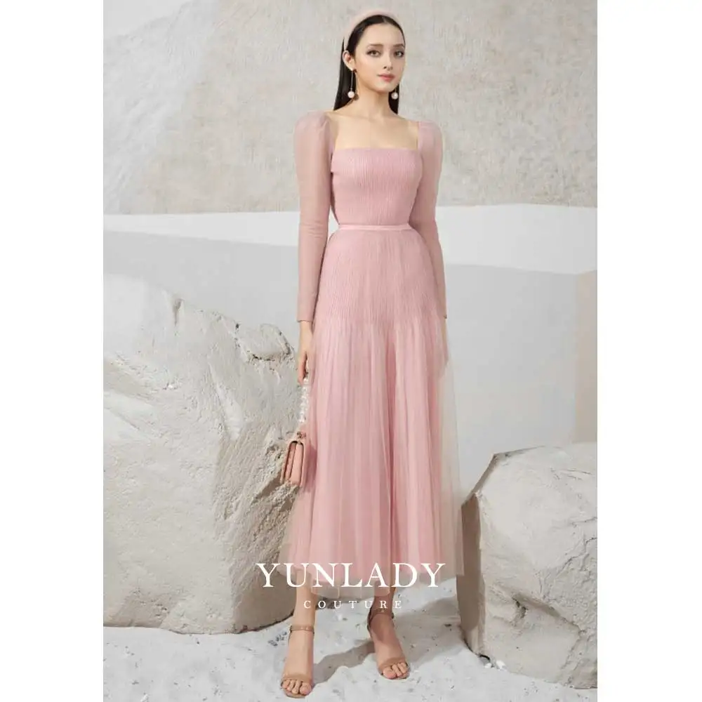 

Muslim Pink A Line Square Neck Luxurious Dubai Mom Dress Embroidered Yarn 2023 Bridal Wedding Party Bridesmaid Dress Guest Prom
