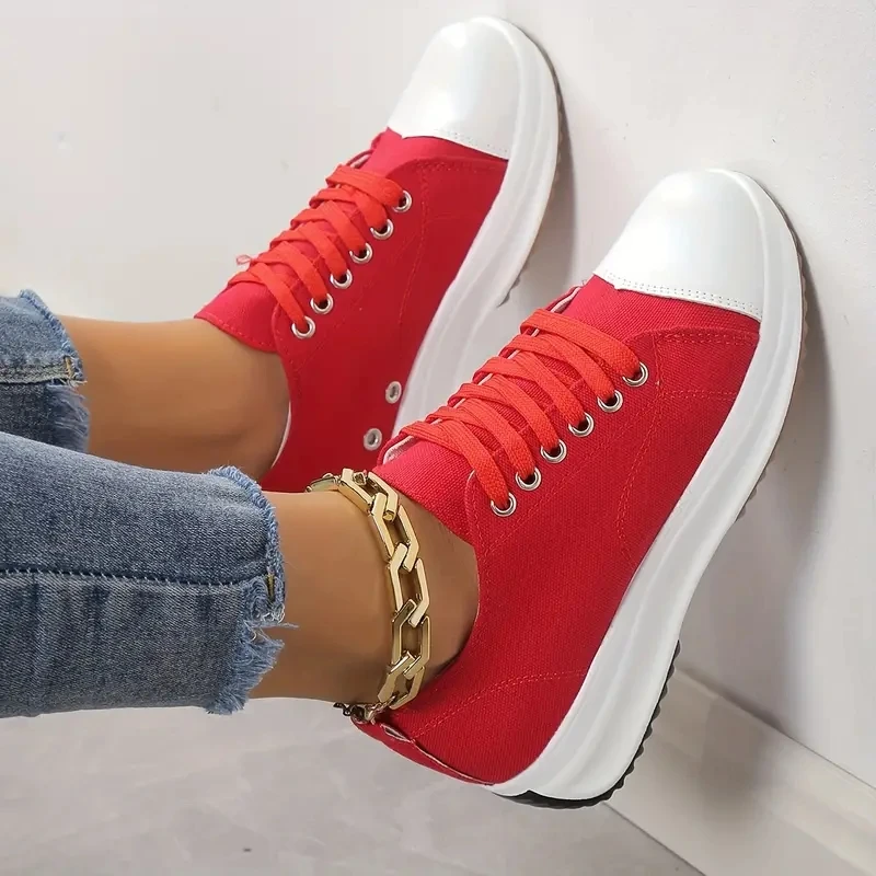 Womens Sneakers Running Shoes Women's Chunky Canvas Shoes Non Slip Lace Up Casual Sneakers Thick Sole Running Sports Shoes