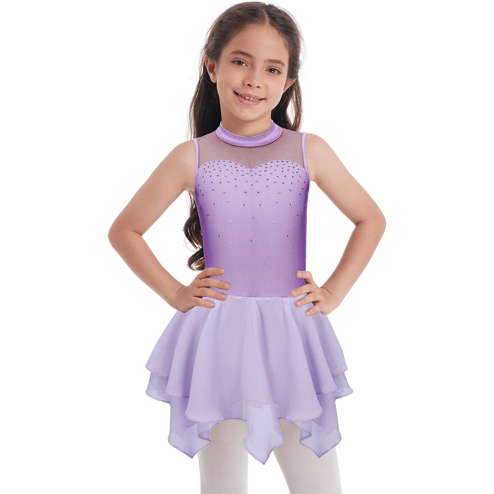 Kids Girls Shiny Rhinestone Figure Skating Dress Dancewear Sleeveless Hollow Back Mesh Patchwork Ballet Leotards Dance Costumes