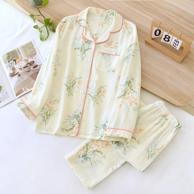 

2024 New Japanese Women's Pajama Set Spring/Summer 100% Cotton Long sleeved Pants Loose Size Fresh Home Furnishing Set Ladies