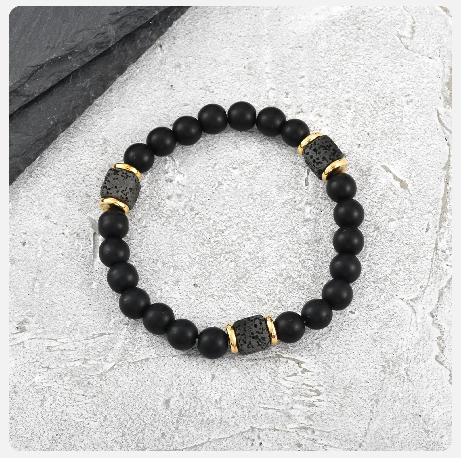 Vnox Armband aus natürlichem Lavastein, schwarzer Achat, quadratische Perlen, elastisch, Stretch, Energie-Schmuck, modische Geschenke für Männer und Frauen – Detail 5