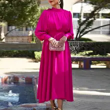 

VONDA 2022 Women Casual Round Neck Dress Ladies Puff Sleeve Pleated Satin Slik Sundress Tunic Longue Robe Oversized Vestidos
