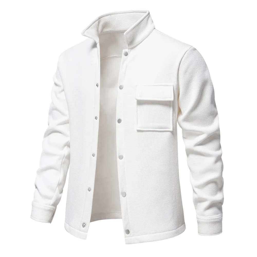 Autumn Winter Fleece Waffle Lapel Zip-Up Jacket Men's Pocket Casual Outerwear