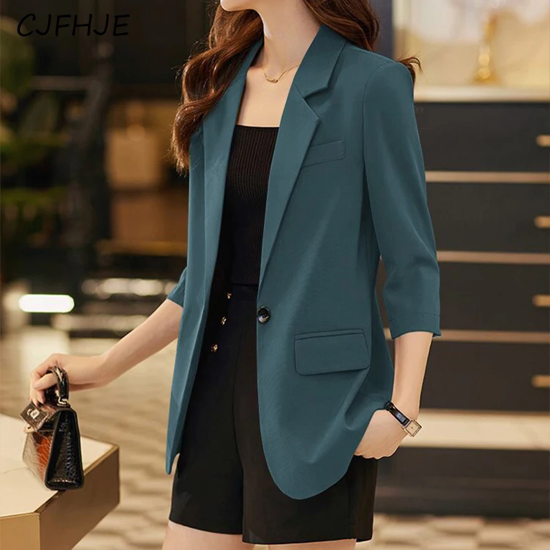 CJFHJE Spring Women's Solid Color Suit Jacket New Korean Casual Women Three Quarter Sleeved Fashion Single Breasted Suit Jacket