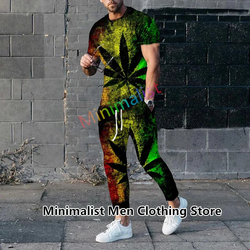 2023 Fashion Men Tshirt Suit Tracksuit Coconut Tree Print Short Sleeve T-shirt Long Pants Streetwear 2 Piece Set Male Clothes