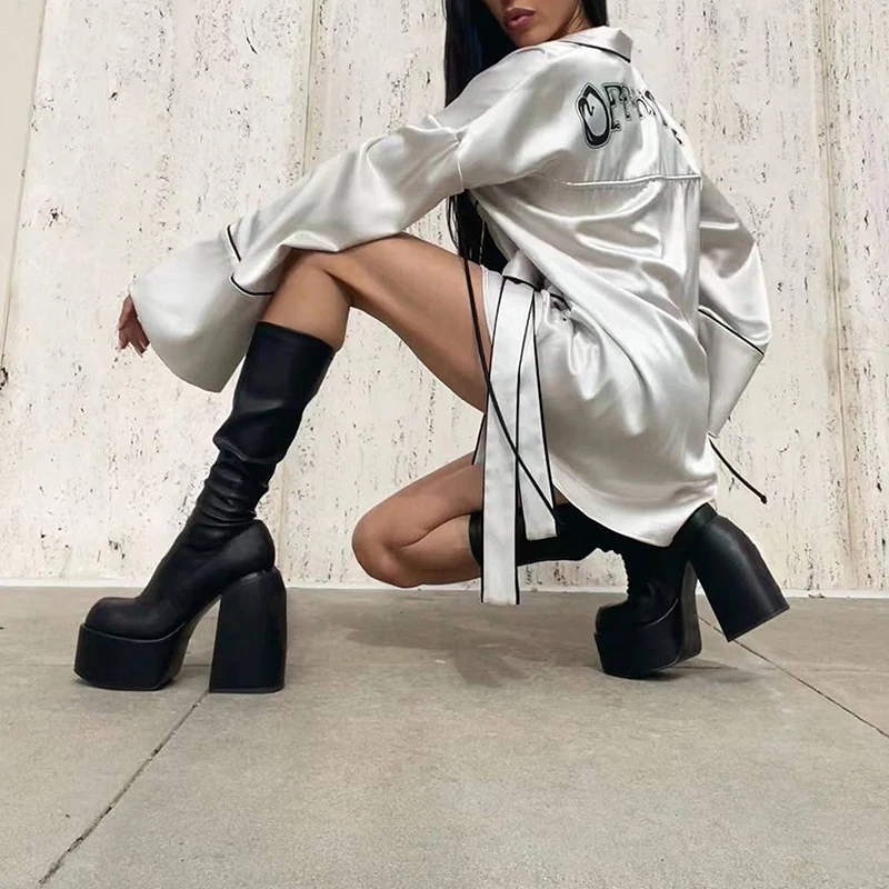 

Black White Patent Boots Wedges Platform Mid-calf Long Boots Fashion Slip-on Designer High Heel Boots Stretch High Boots Botas