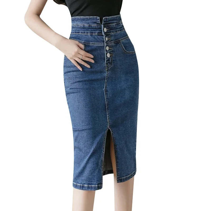 Fashion Long Multiple Buckle Elasticity Denim Skirts Women Casual Sexy Ladies High Waist Split Skirt Female Girls Kawaii Clothes