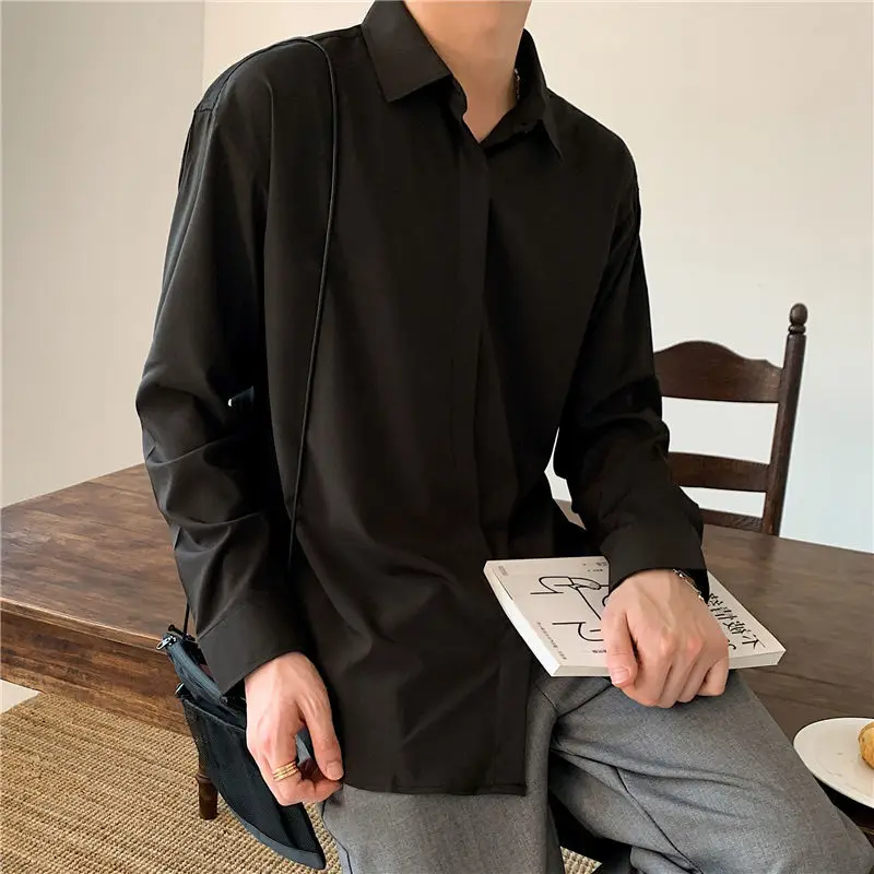 Korean Men Clothing Drape Shirts for Men Solid Color Lapel Long Sleeve Ice Silk Business Casual Buttons Silk Shirt