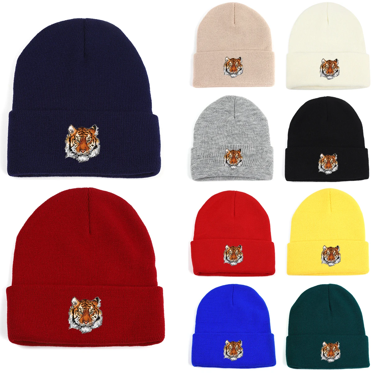 Tiger Print Knit Hat Cute Beanies Stretchy Outdoor Warm Fall and Winter ...
