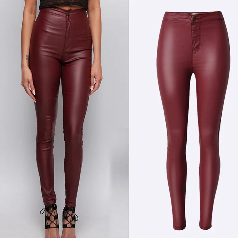 Brand Jeans Women Sexy Wine Red High Wiast Faux Leather Biker Pants Slim PU Skinny Jeans Pencil Pants