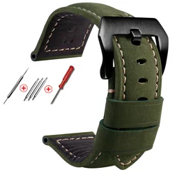 Genuine Cowhide Men's Frosted Handmade Retro Crazy Horse Leather Watch Strap - 26mm (Green black)