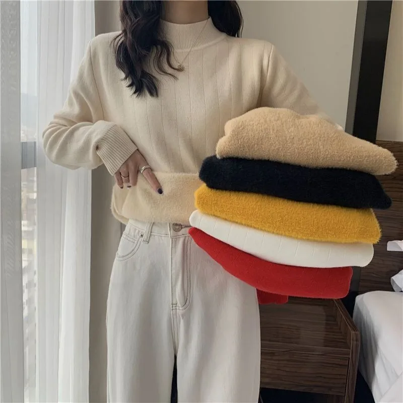 

Half High Collar Women's Sweater with Plush and Thickened Base Knit Jumper Sweater Autumn and Winter Fashion Casual Pullover