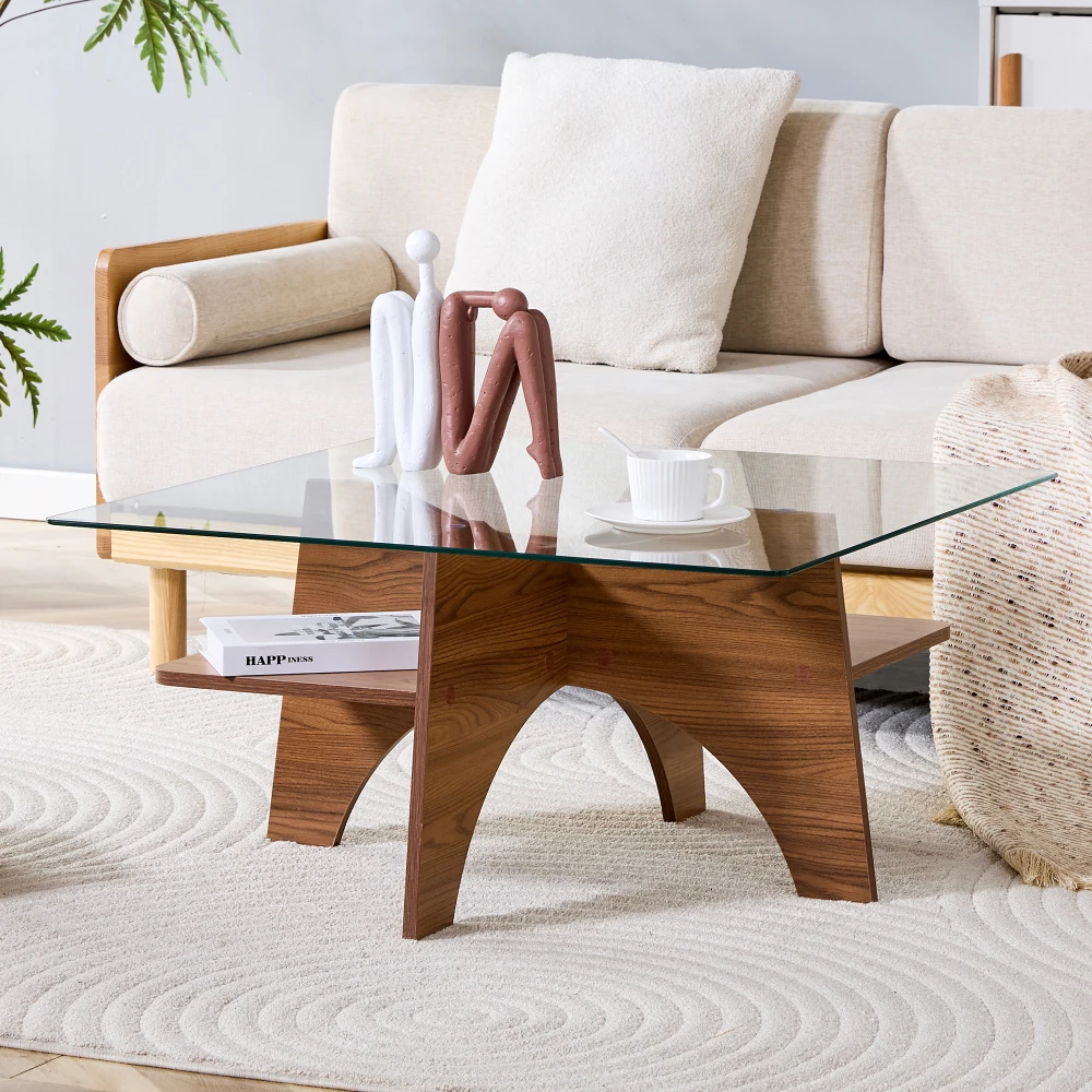 Moderner quadratischer Beistelltisch/Couchtisch aus Sicherheitsglas – 80 cm. Tischbeine aus MDF in Walnussholzoptik. Ideal für das Wohnzimmer – Detail 5