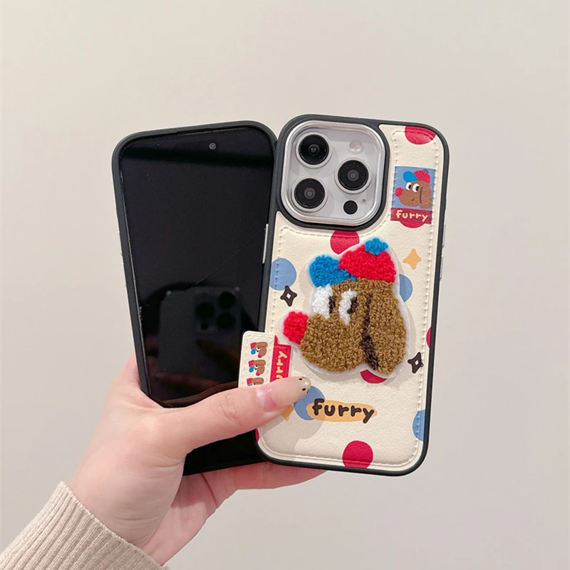 Cute Cartoon Embroidery Bear Dog Leather Case For iPhone 13 14 15 16 Pro Max Lovely Soft Silicone Phone Cover