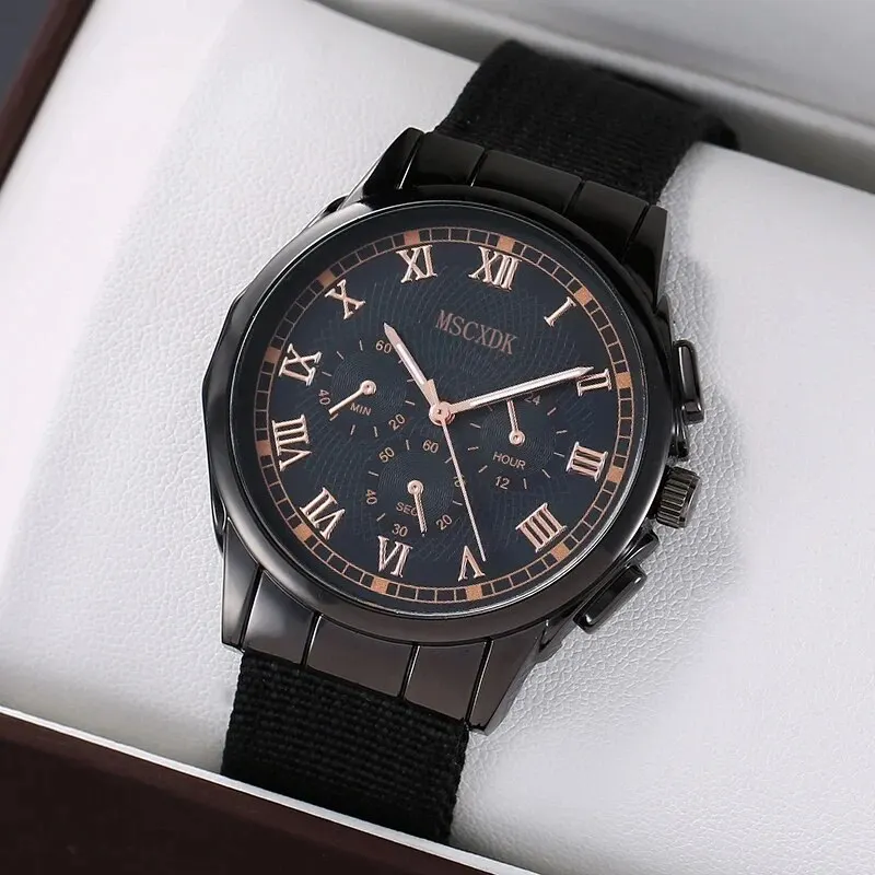 ☆防水丁寧梱包☆ 新品未開封品 24時間以内発送 LENZ III レコード 4pcs Brown Nylon Strap Quartz Watch With Bracelet For Men