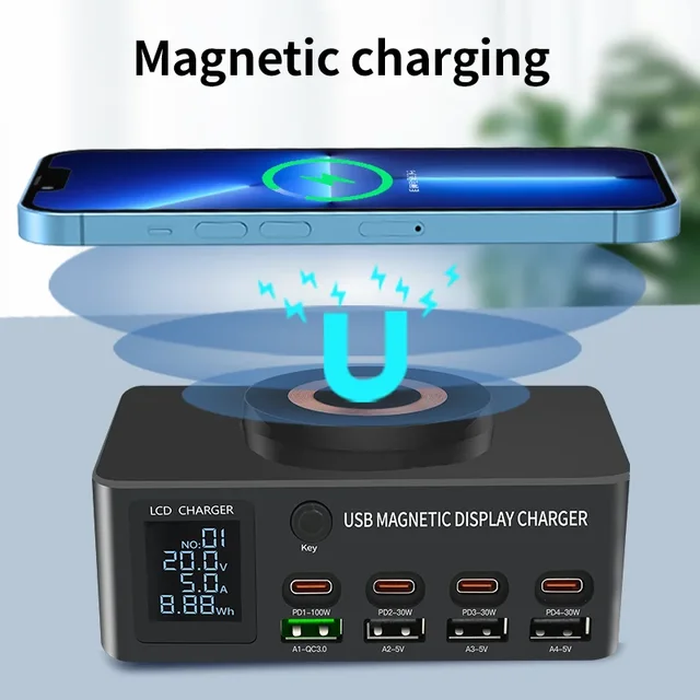 140W USB Type C Charger Magnetic Wireless Charging Multi Ports Fast Charger PD QC3.0 Charge For iPhone Xiaomi Samsung Laptop 5