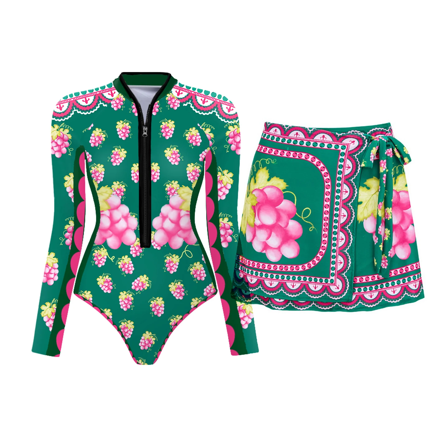 2025 Women’s Retro Printed Swimsuit – Long-Sleeve Slimming Bodysuit with Cover-Up for Surfing and Beachwear Beachwear Swimwear