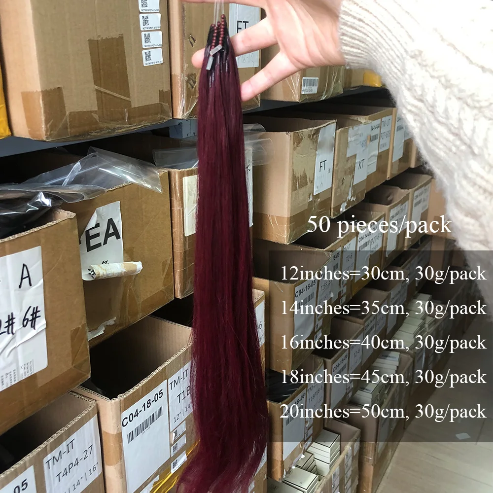 8D Micro Bead Human Hair Extensions Human Hair Natural Burgundy Invisible Silicone Nano Ring Extensions