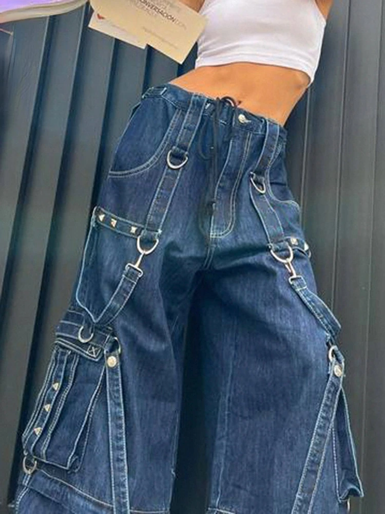 

90s Streetwear Wide Leg Jeans Ribbon Big Pocket Baggy Cargo Pants Casual y2k Denim Trousers Women Korean Fashion Hip Hop