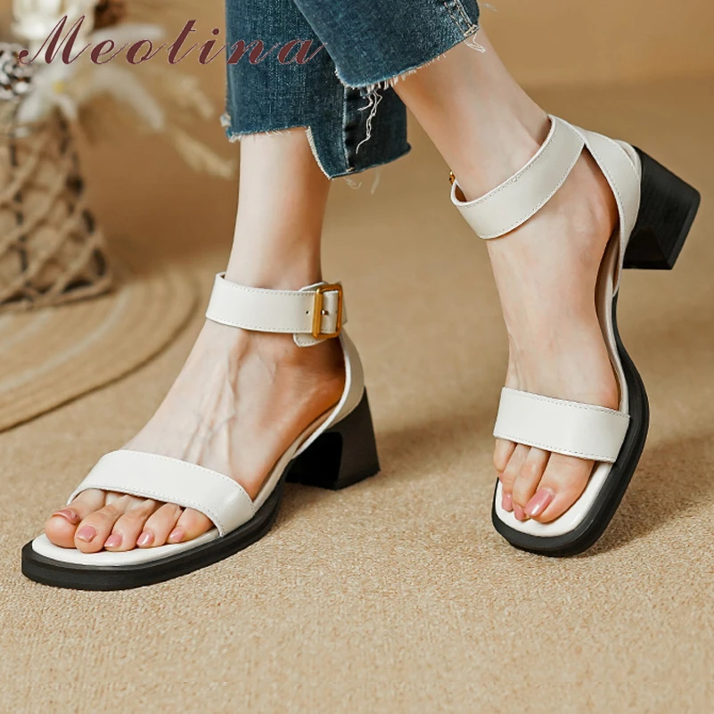 

Meotina Women Genuine Leather Ankle Strap Sandals Square Toe Platform Thick High Heels Buckle Ladies Fashion Shoes Summer 40