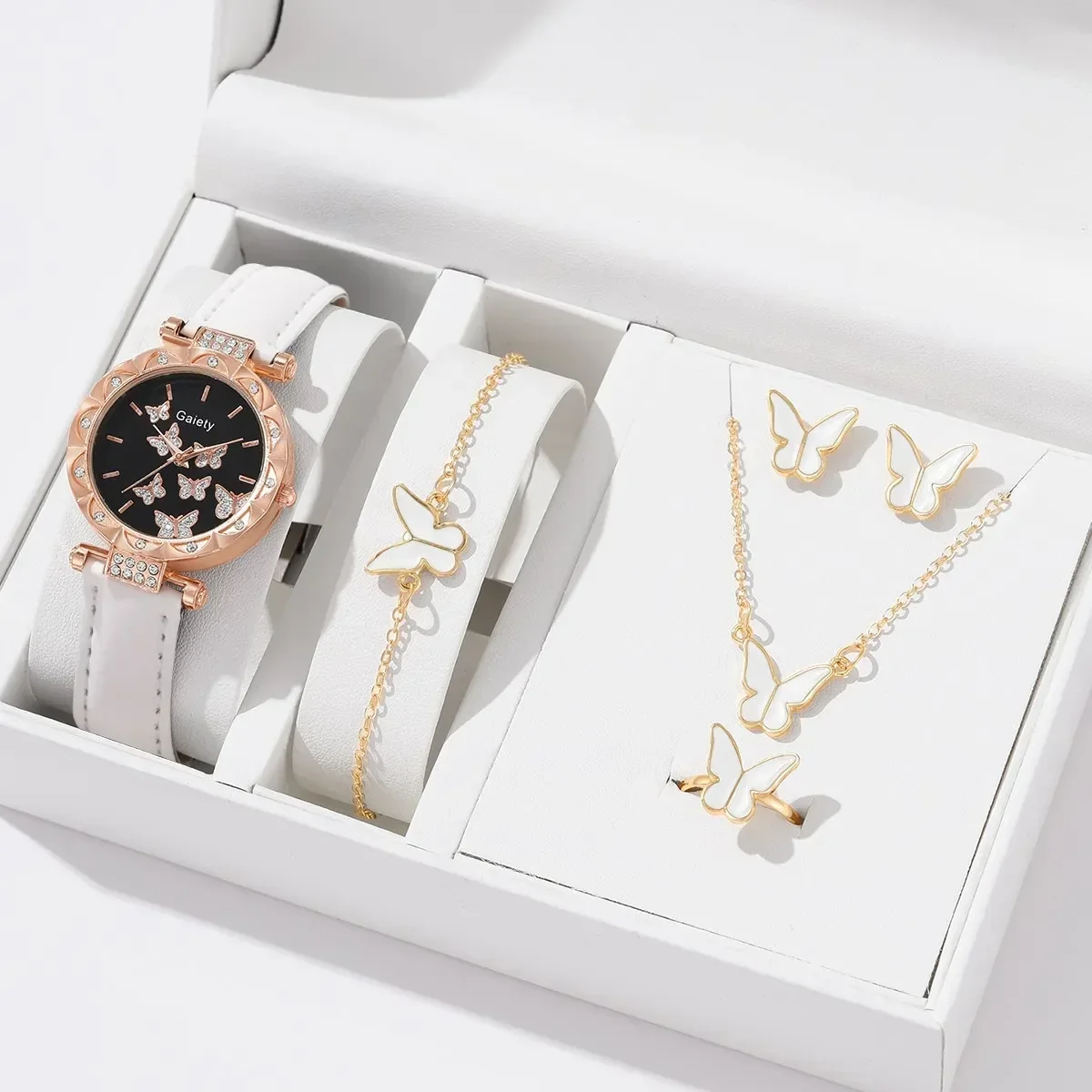 6/1PCS Set Rose Gold Luxury Watch Women Ring Necklace Earring Rhinestone Fashion Wristwatch Casual Ladies Bracelet Watches women watches