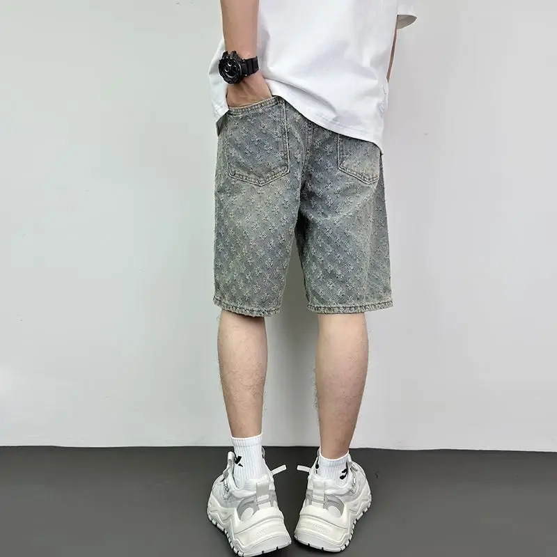 New American High Street Jacquard Ripped Summer Loose Straight Retro Five-point Denim Shorts