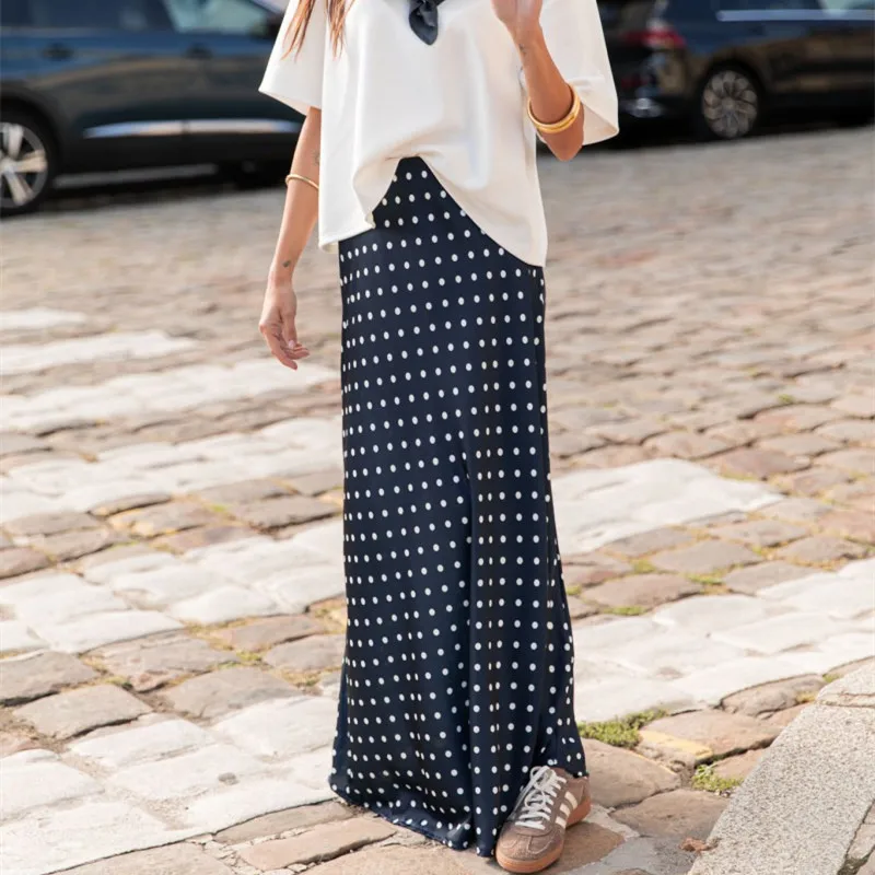 Women Polka Dot Maxi Skirt Elegant Bodycon A Line Flare Long Skirts Cute Dots Print Flowy Maxi Satin Skirt Vintage Streetwear 2