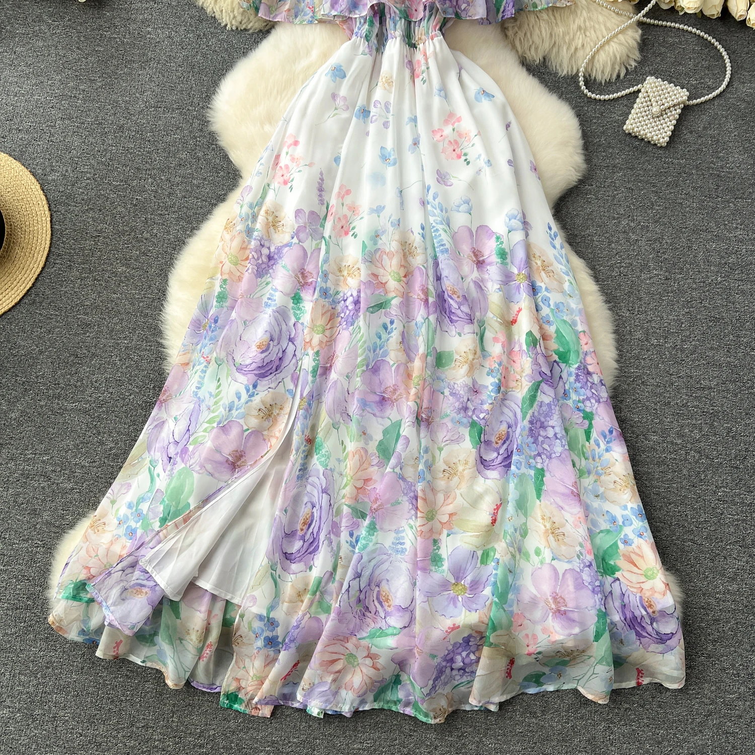Chic Sexy Off Shoulder Print Ruffle Slash Neck Dress Fairy Print Casual A-line Dress Summer Elegant Beach Vacation Women Dresses