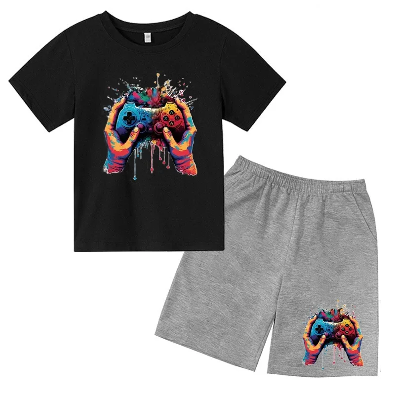 thumbnail image 1 of Conjunto de camiseta y pantalones cortos con estampado de máquina de juego de arte de grafiti para niños, moda de verano, informal, de manga corta, para niños y niñas, 1 of 5
