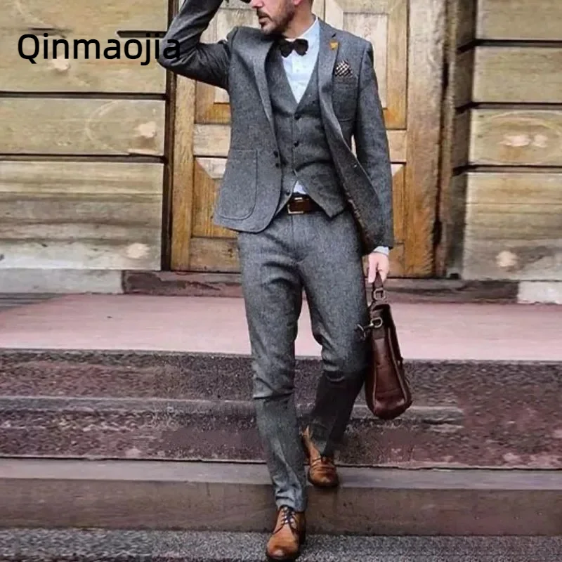 

Классические Формальные Деловые костюмы для мужчин, индивидуальный пошив, комплект из 3 предметов с брюками, формальный костюм для жениха, свадьбы, ужина