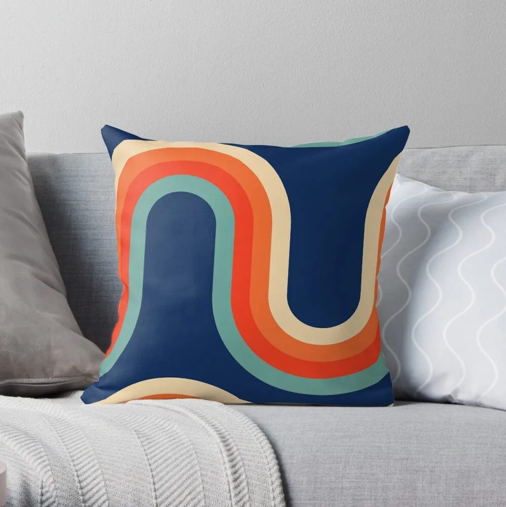 

70s Pattern Waves Dark Blue and Orange Tones Pattern Throw Pillow Couch Cushions Sitting Cushion