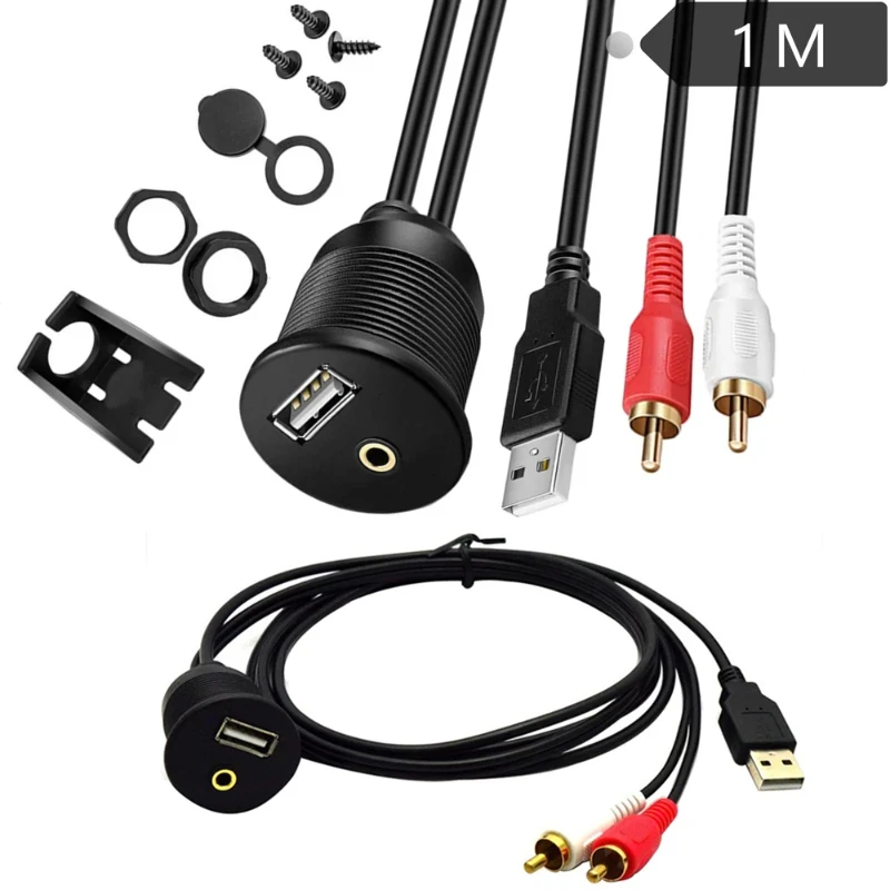 USB 2.0 &2 RCA Car Mount Flush Cable,Dashboard Flush Mount Car Lead Mounting Panel for Boat and Motorcycle Boat Dash Flu