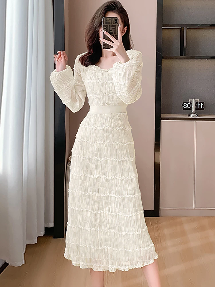 

Spring White Chiffon Pleated Chic Long Dress Women Fashion Elegant Casual Home Dress 2024 Korean Vintage Luxury Festival Dresses