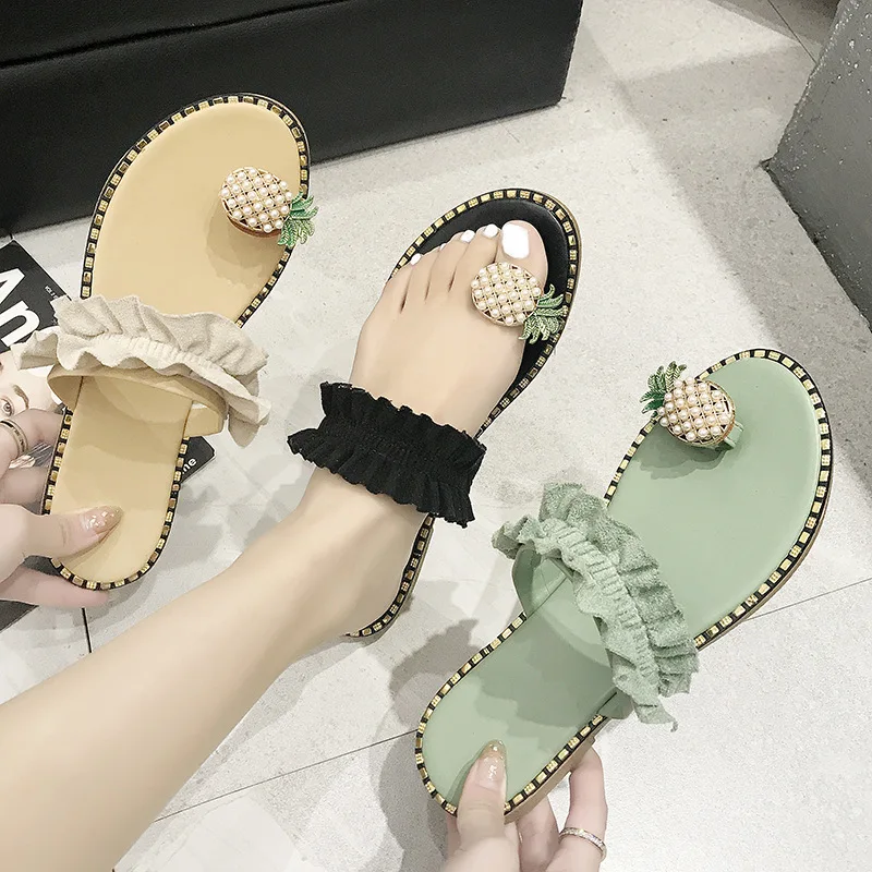 

Plus Size Women's Shoes Summer New Pineapple Rhinestone Sandals and Slippers Women's Outer Wear Flat Beach Shoes Slipper Women