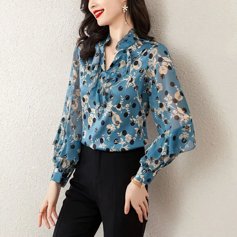 Women Ruffle Print Elegant Blouse Spring Autumn Korean Fashion Office Lady Casual Shirt V Neck Long Sleeve Tops Female Clothing