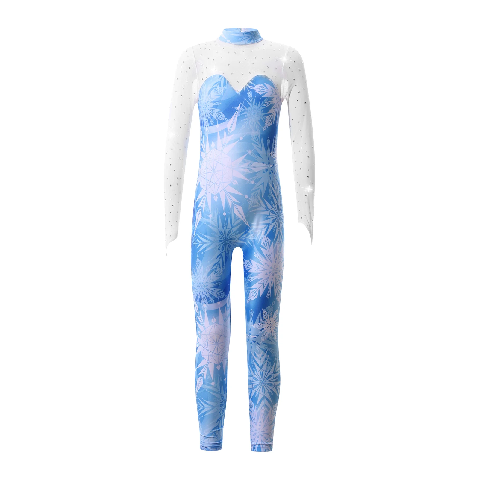 

2023 Kids Girls Print Stand Collar Long-sleeved Mesh Patchwork Jumpsuit Shiny Diamonds Adorned Unitards Bodysuit Dance Costumes