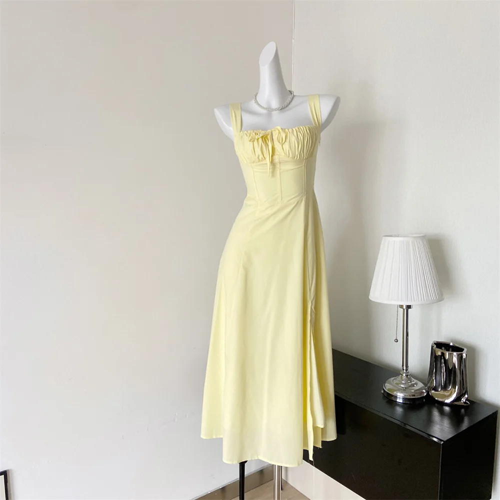 French Vintage Strap Birthday Party Dress High Split Lace-up Summer Off Shoulder A-line Sleeveless Prom Robe Solid Vestido Mujer