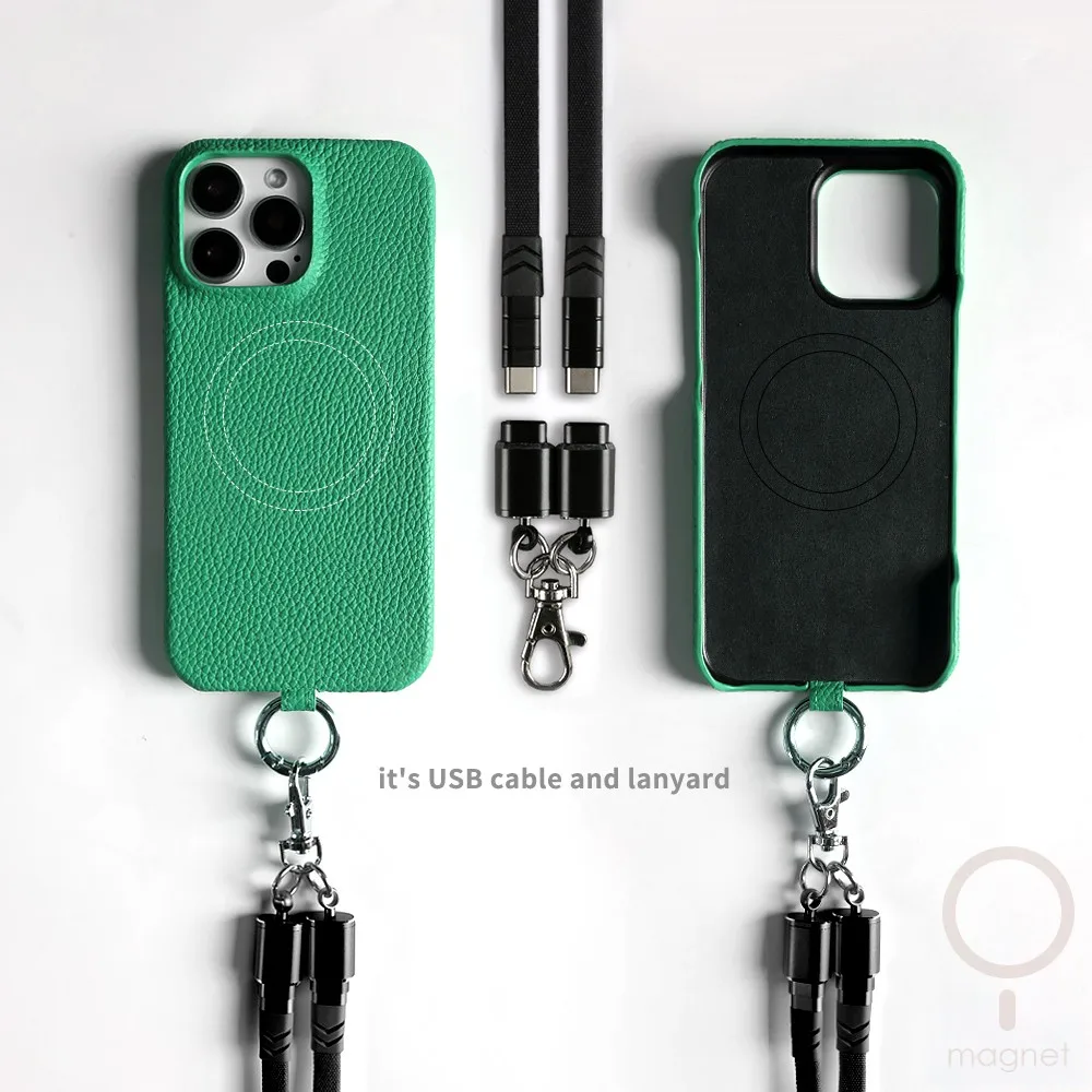 Premium Genuine Leather Magnetic Phone Case with Versatile Lanyard and USB Charging Cable