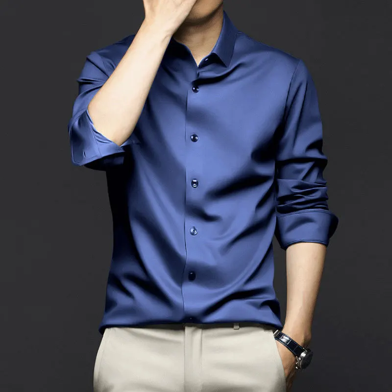 New Stretch Anti-Wrinkle Cotton Mens Dress Shirts Tops Shirt Solid Casual Male Shirts Long Sleeves Slim Fit Camisa Social Blouse