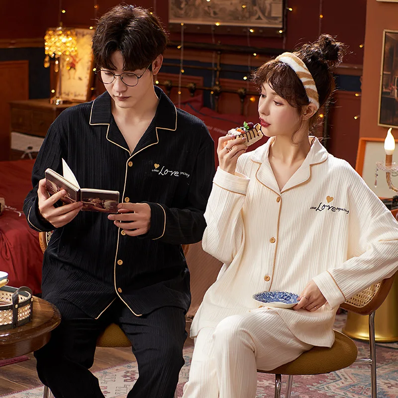 Korean Cotton Autumn Spring Sleepwear Set Man Cardigan Pajamas Set Women Pijamas Suit Plus Size Home Suit Couples Nightwear New