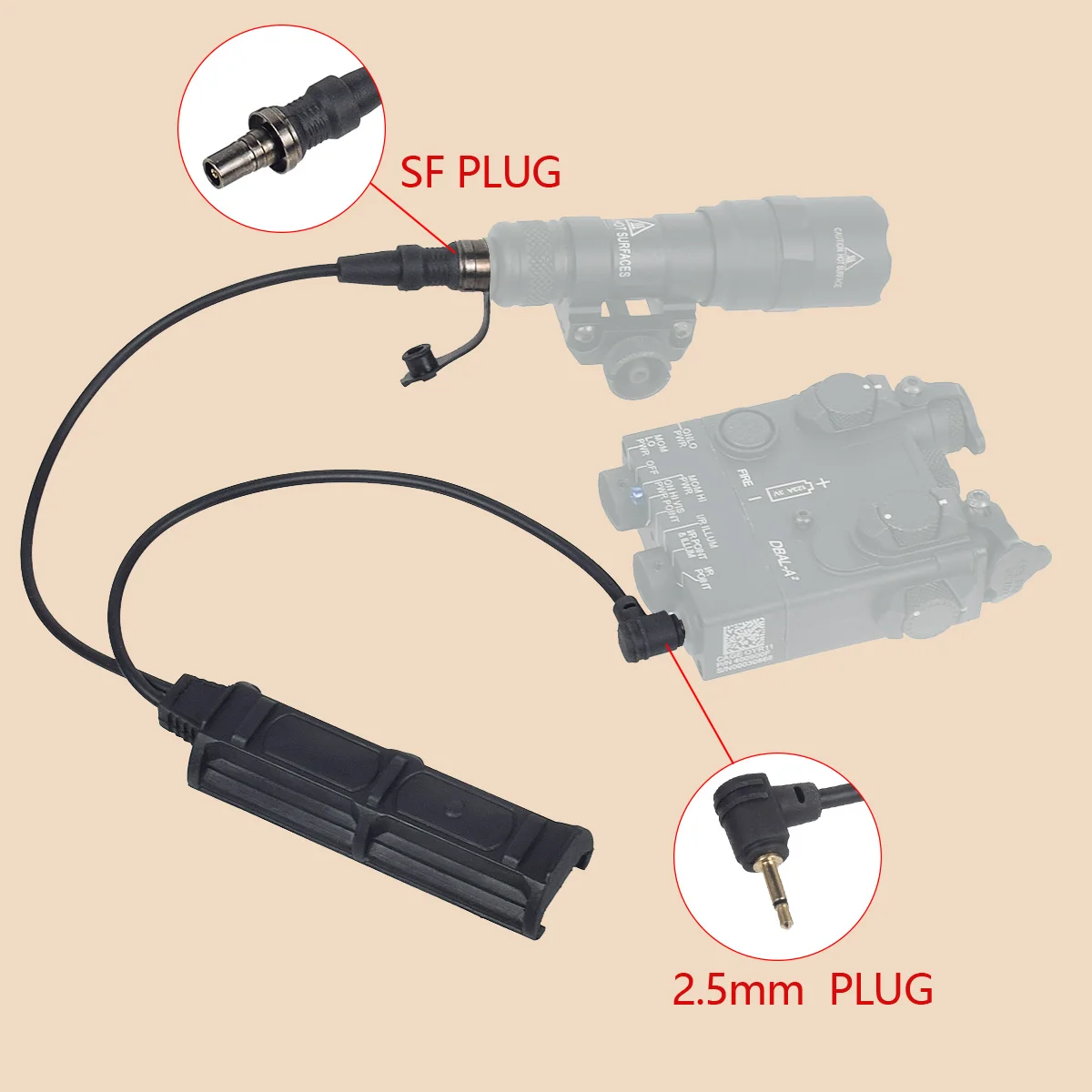 

Tactical Remote Dual Pressure Switch SF Plug 2.5mm For PEQ DBAL NGAL M300 M600 Tactical Flashlight Hunting Airsoft Accessories