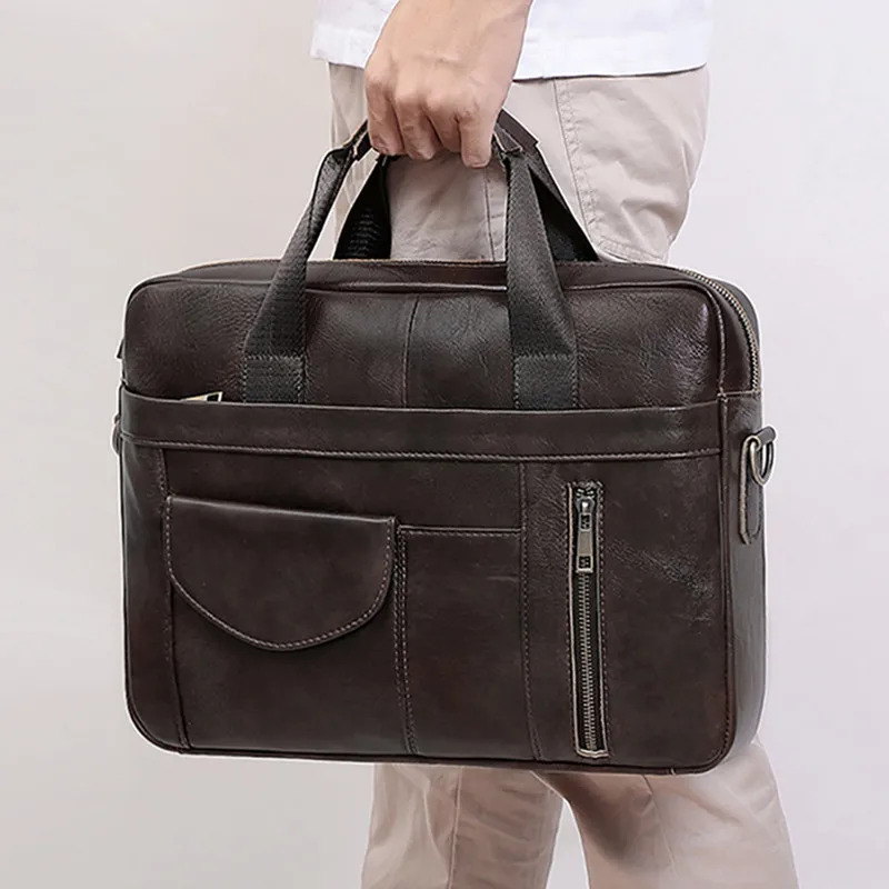 Genuine Leather Men's Briefcase Office Handbag Large Capacity Male Shoulder Messenger Bag Business 15.6 
