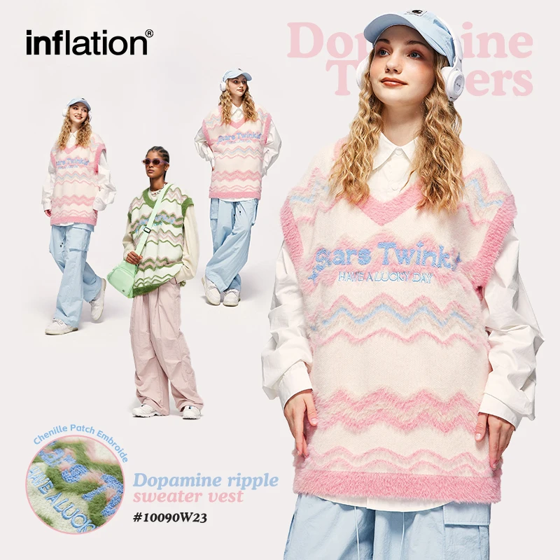 

INFLATION Pink V-neck Sweater Vest Unisex Trendy Embroidery Oversized Knitwear Sleeveless Sweaters