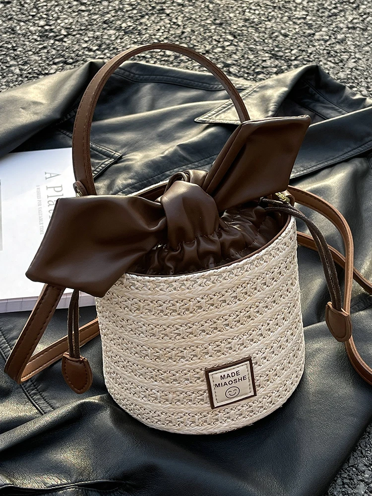 

Luxury Designer Handbags Small Straw Bucket Bags For Women 2023 Summer Lady Travel Purses Female Shoulder Crossbody Bag