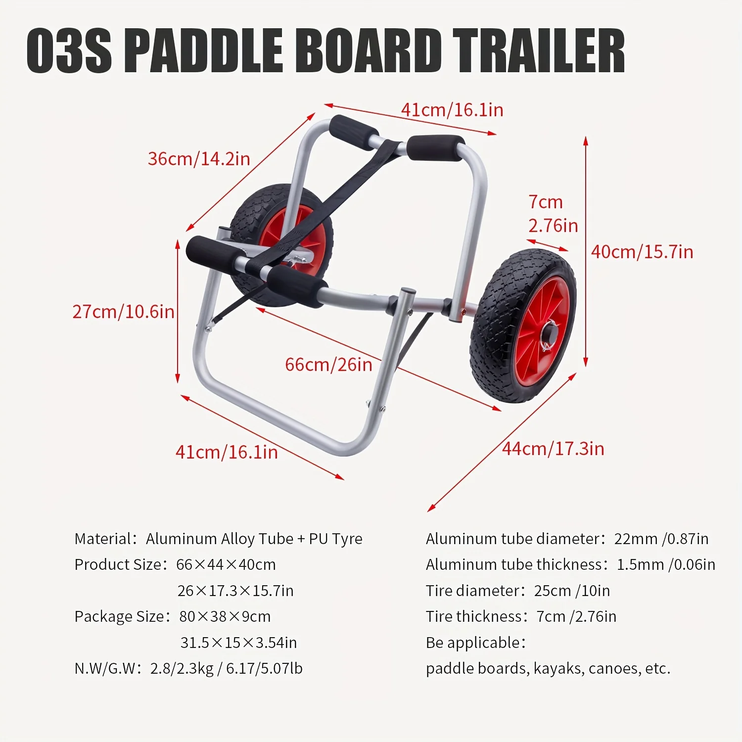 KOETSU Carrello per kayak da 1 confezione Carrello per kayak premium con pneumatici airless non piatti Capacità 150 libbre Lega di alluminio rossa - immagine 2